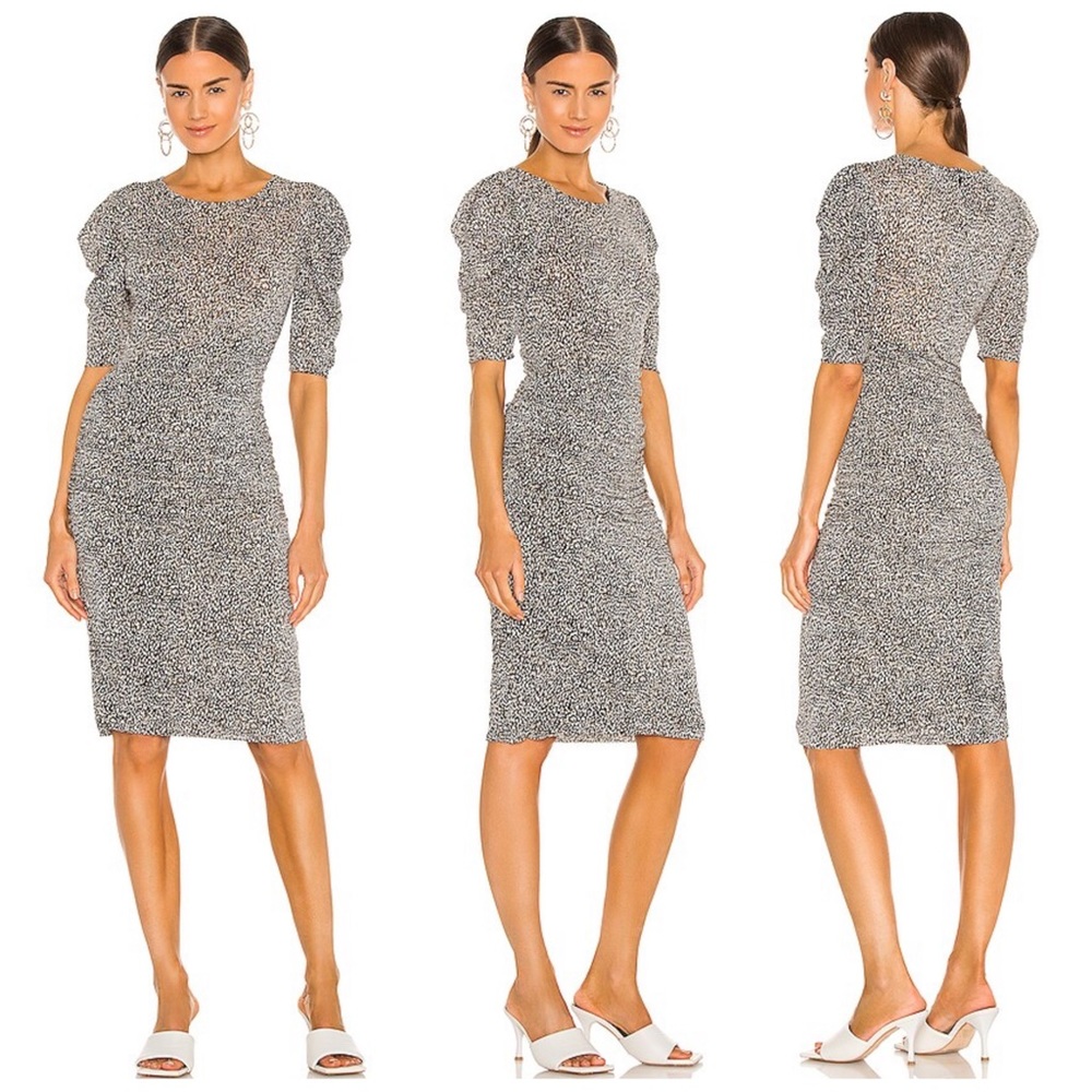•JOIE• Yasmin Ruched Short Sleeve Midi Dress Black & White Caviar Print Size XXS